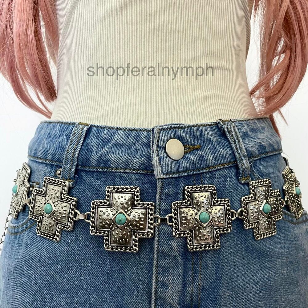 Silver Y2K Western Turquoise Cross Chain Belt, Fits 25-42 Inches, X7GA1491